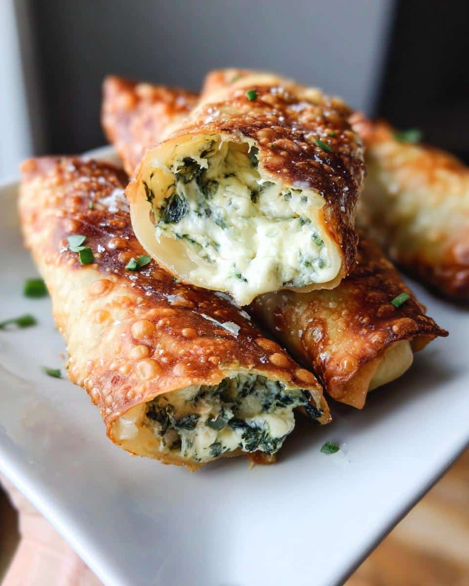 Close-up of Air-Fryer Spinach Artichoke Egg Rolls, one cut open showing creamy spinach and cheese filling.