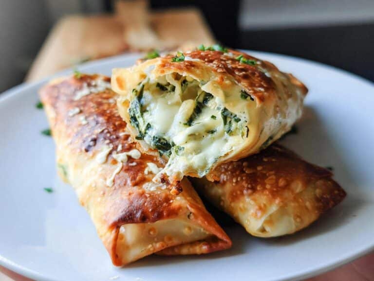 Close-up of crispy Air-Fryer Spinach Artichoke Egg Rolls, one cut open showing melted cheese and spinach filling.