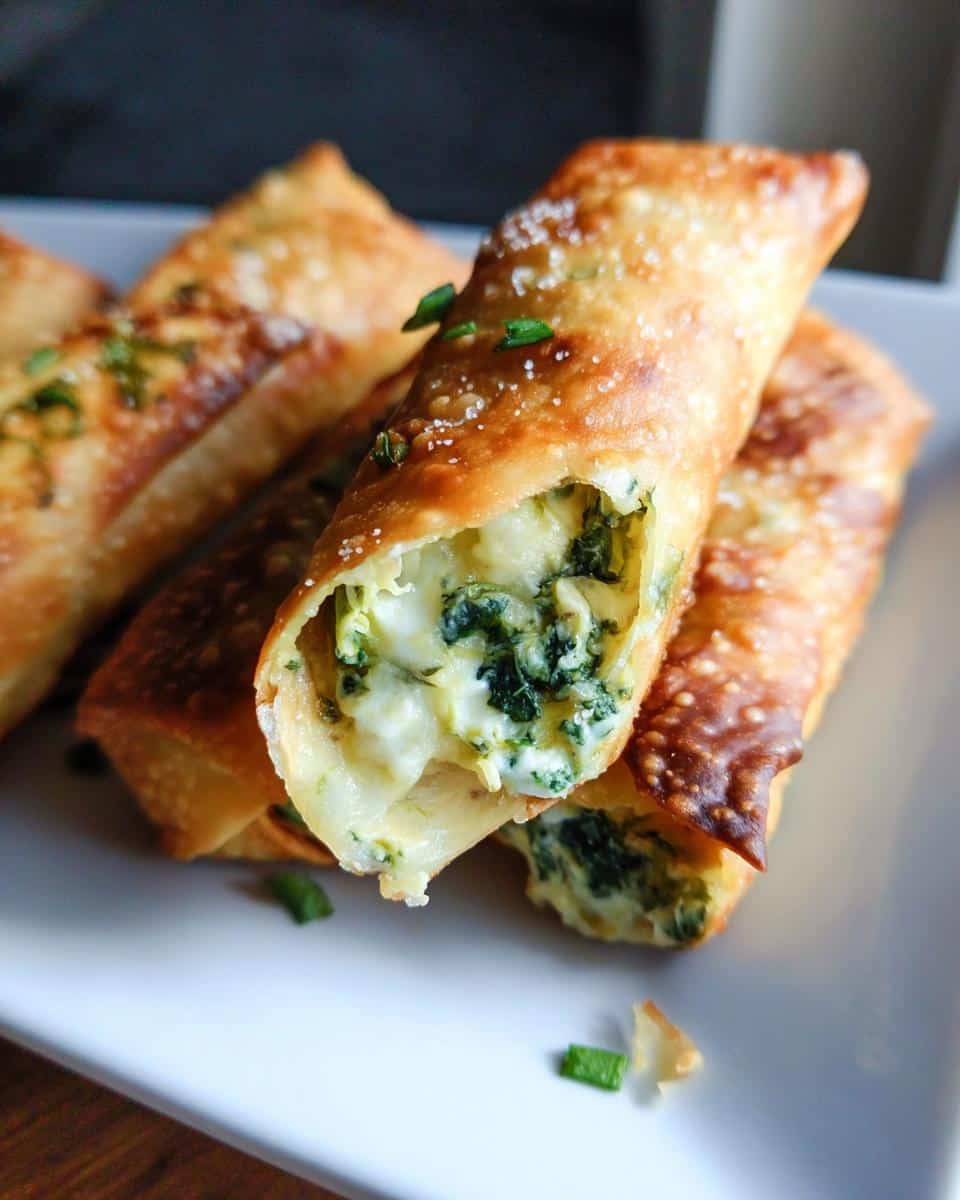 Close-up of Air-Fryer Spinach Artichoke Egg Rolls, one cut open showing creamy spinach and cheese filling.