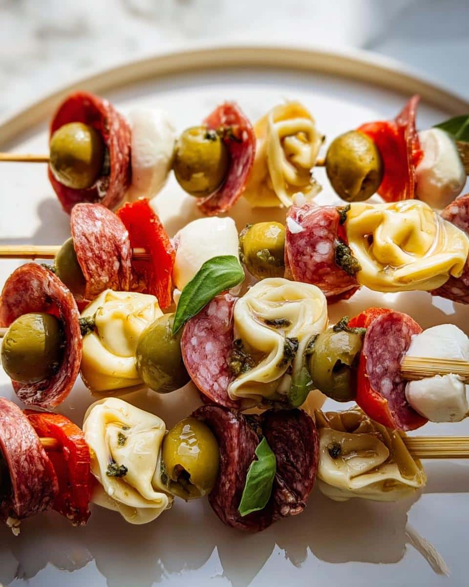 Close-up of Antipasto Skewers featuring salami, tortellini, mozzarella balls, green olives, and basil.