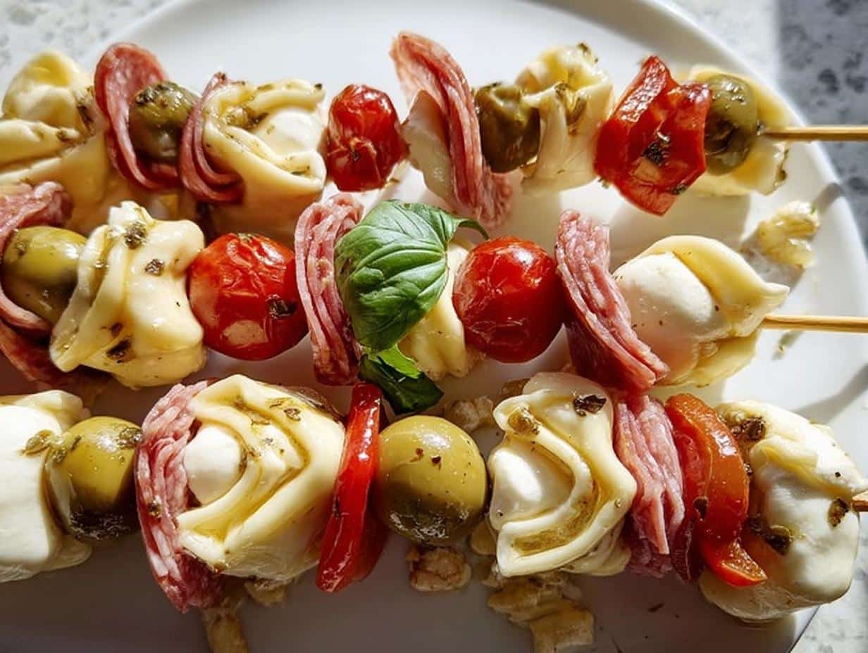 Close-up of three Antipasto Skewers featuring tortellini, salami, olives, tomatoes, and basil.