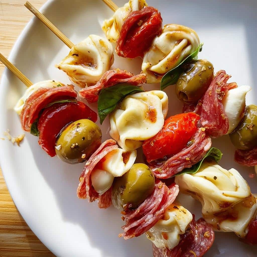 Close-up of several Antipasto Skewers featuring tortellini, salami, olives, tomatoes, and basil.