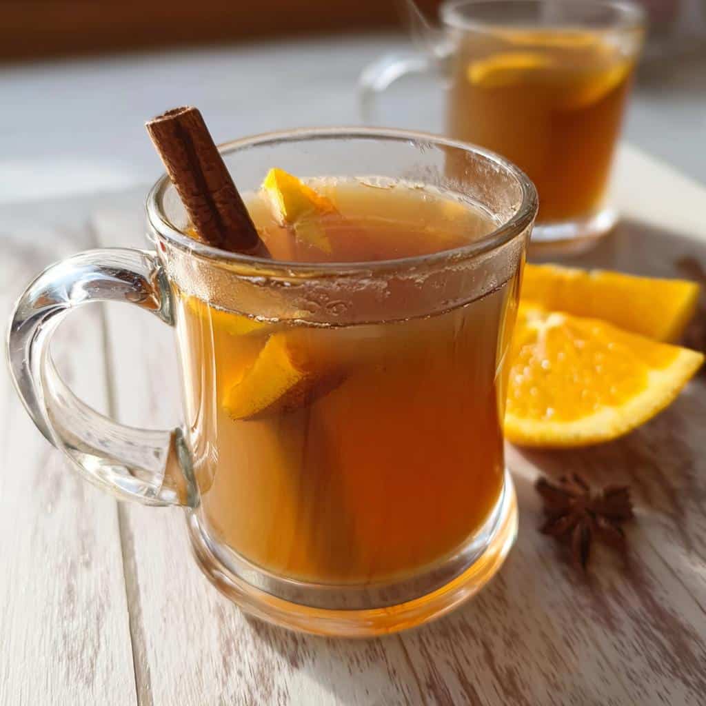 A glass mug of Apple Cider Cinnamon Tea with orange slices and a cinnamon stick, ready to drink.