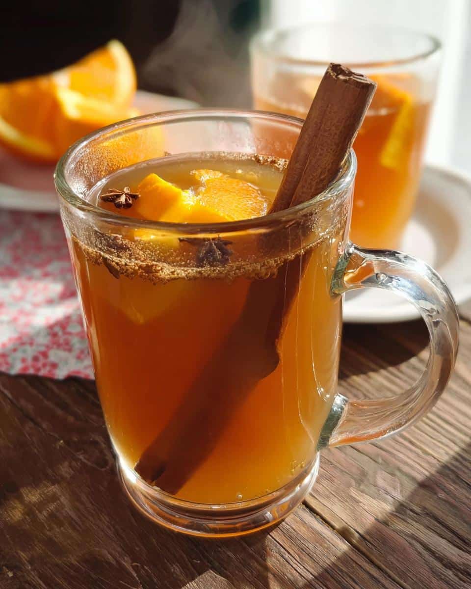 A glass mug filled with Apple Cider Cinnamon Tea, garnished with orange slices and a cinnamon stick.