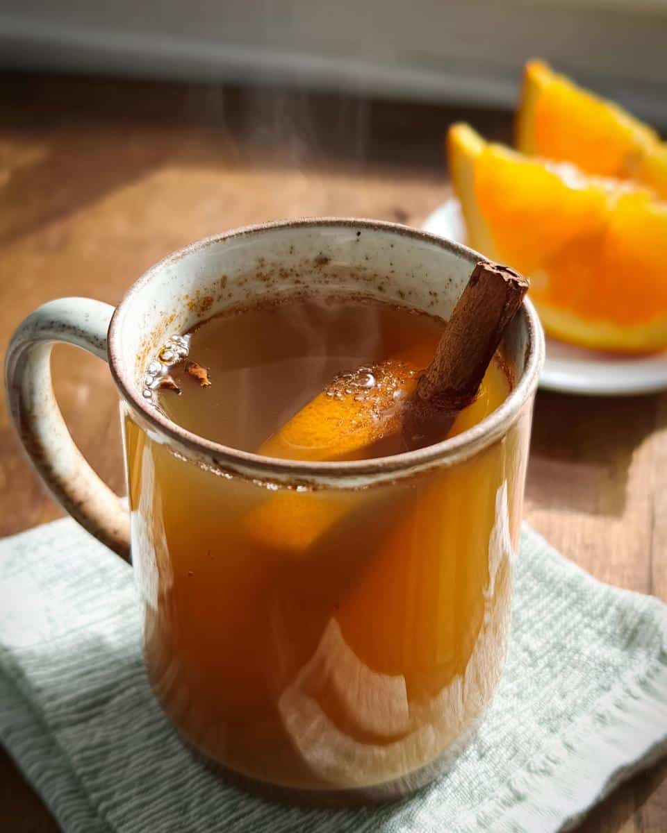 A mug of steaming Apple Cider Cinnamon Tea garnished with a cinnamon stick and orange slice.