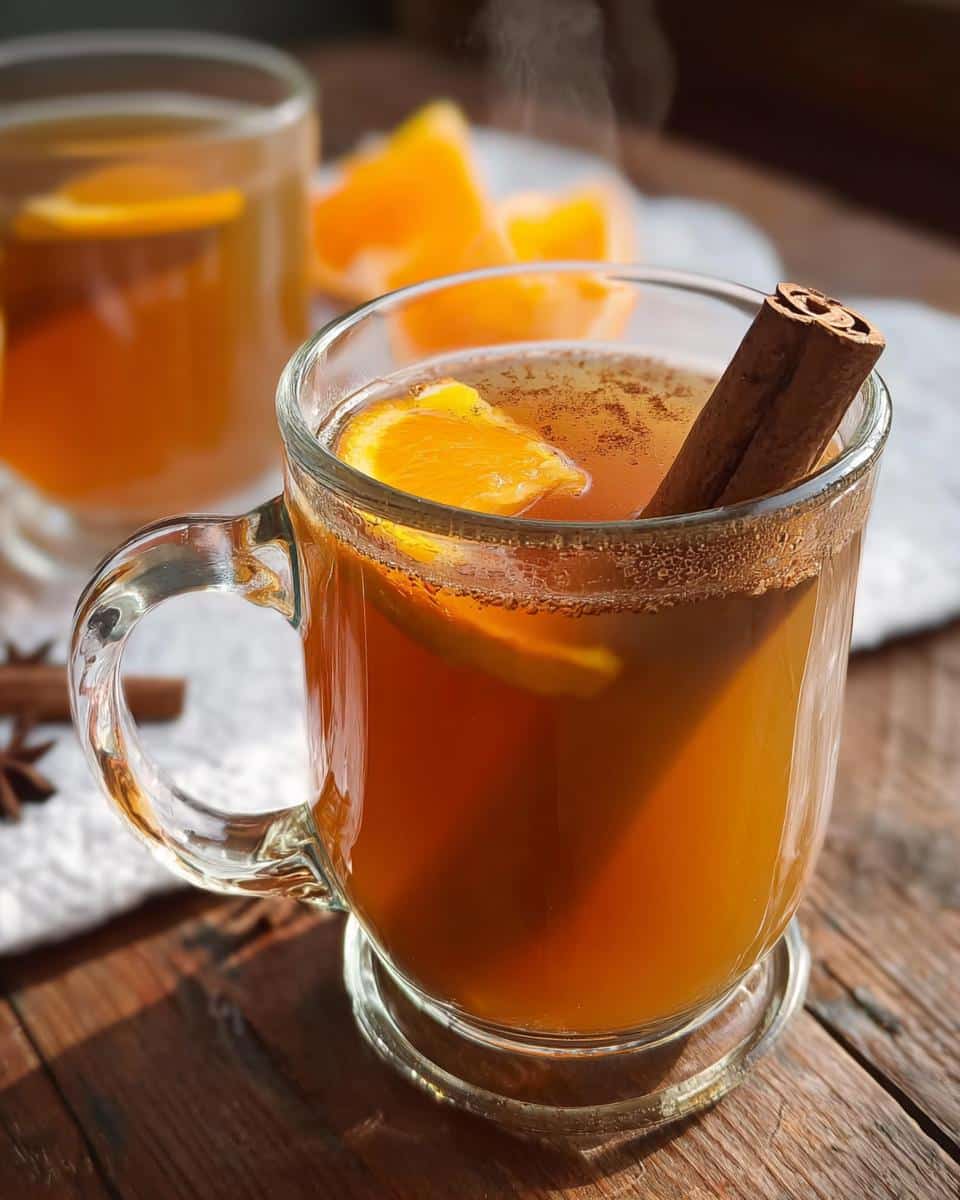 A glass mug of Apple Cider Cinnamon Tea garnished with an orange slice and cinnamon stick.