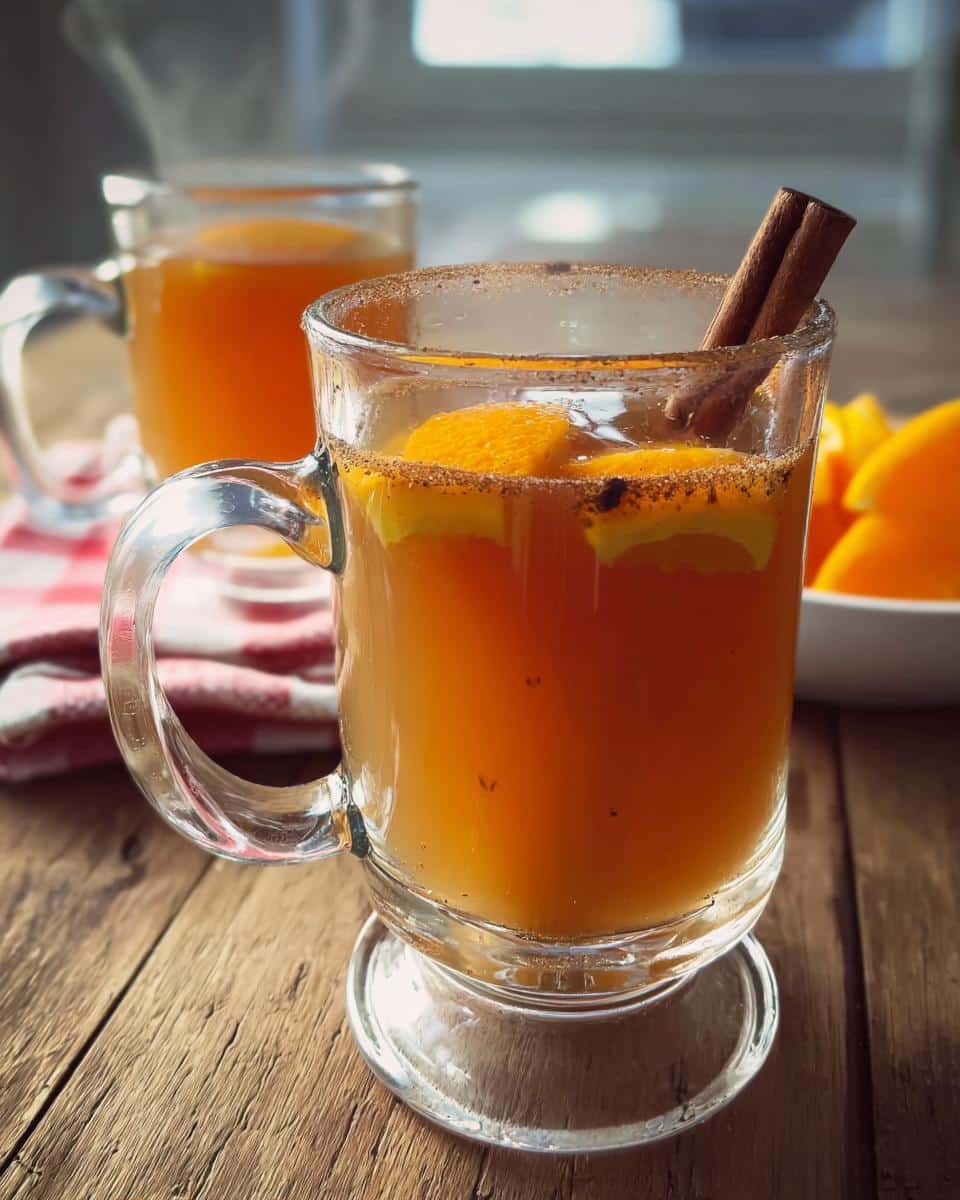 Two glass mugs filled with Apple Cider Cinnamon Tea, garnished with orange slices and cinnamon sticks.