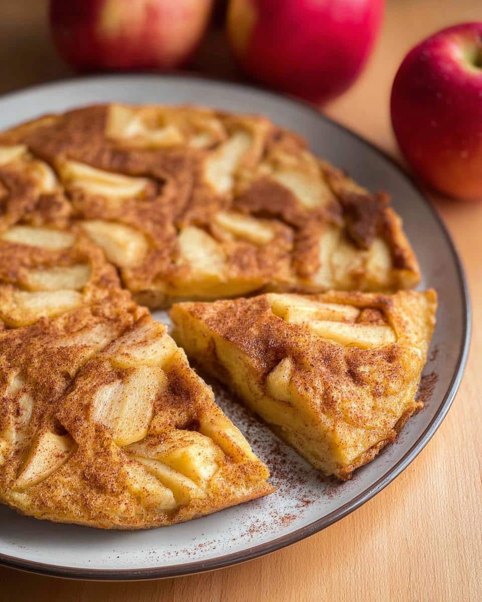 A delicious Apple Cinnamon Skillet Pancake, sliced and served on a plate with fresh apples in the background.