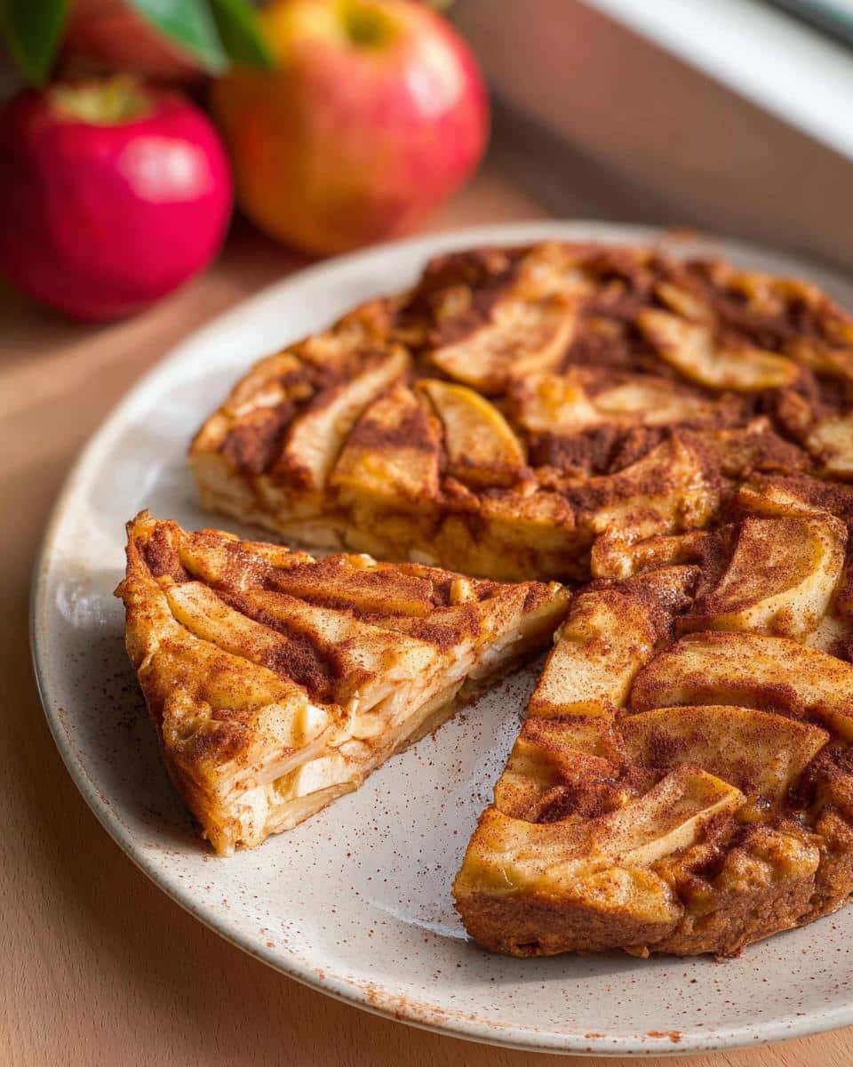 A slice of Apple Cinnamon Skillet Pancake on a plate, topped with cinnamon and apple slices.