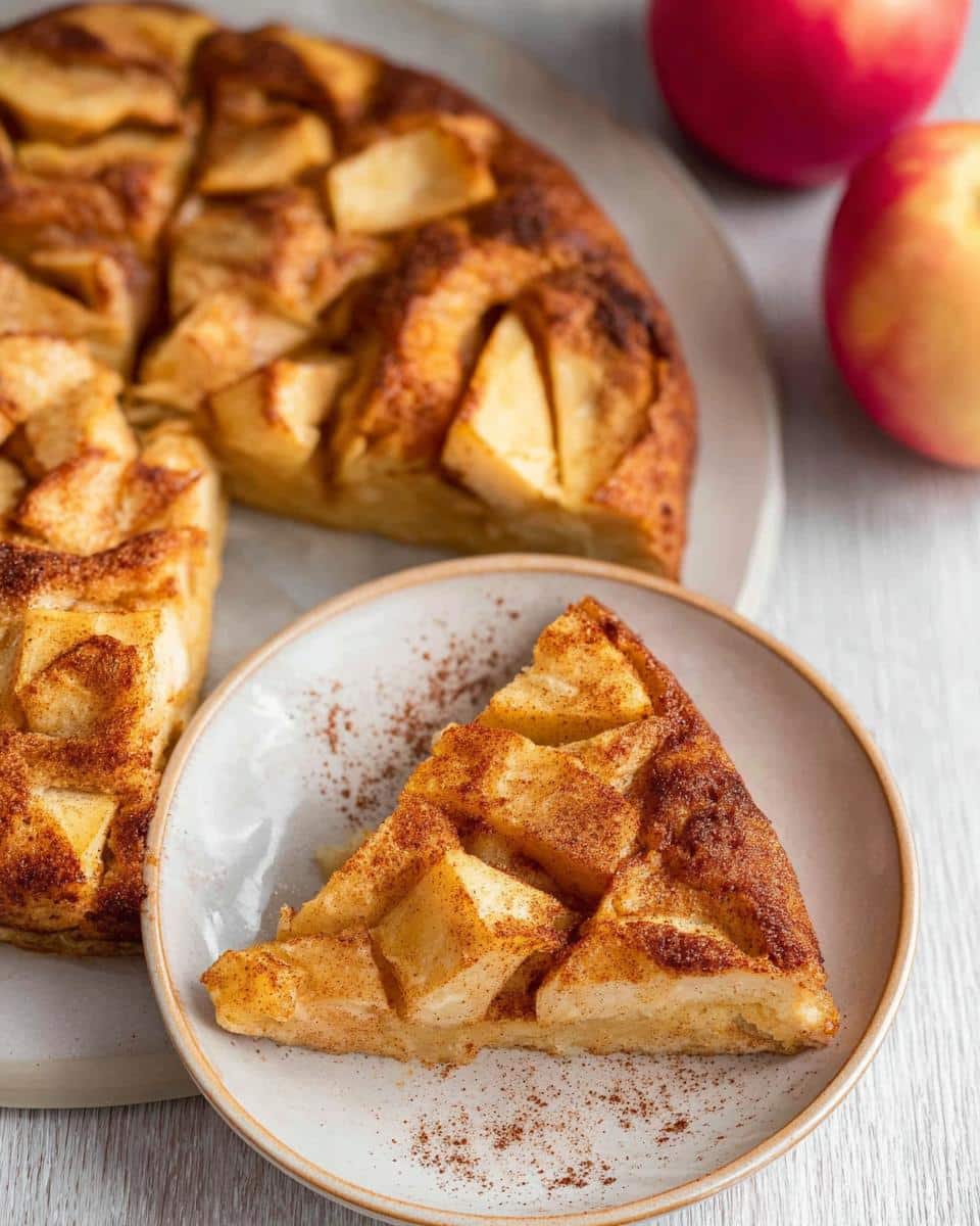 A slice of apple cinnamon skillet pancake on a plate, topped with cinnamon and diced apples.