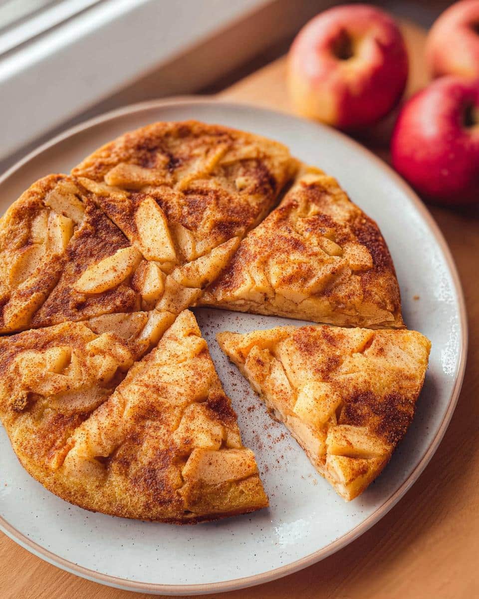 Sliced Apple Cinnamon Skillet Pancake on a plate, topped with cinnamon and apples.