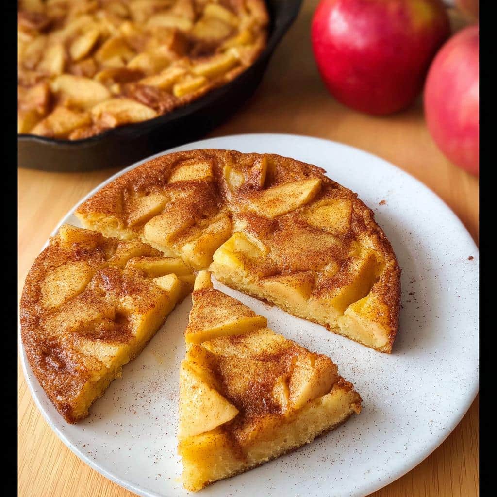 Slices of Apple Cinnamon Skillet Pancake on a white plate, showing apple topping and cinnamon spice.