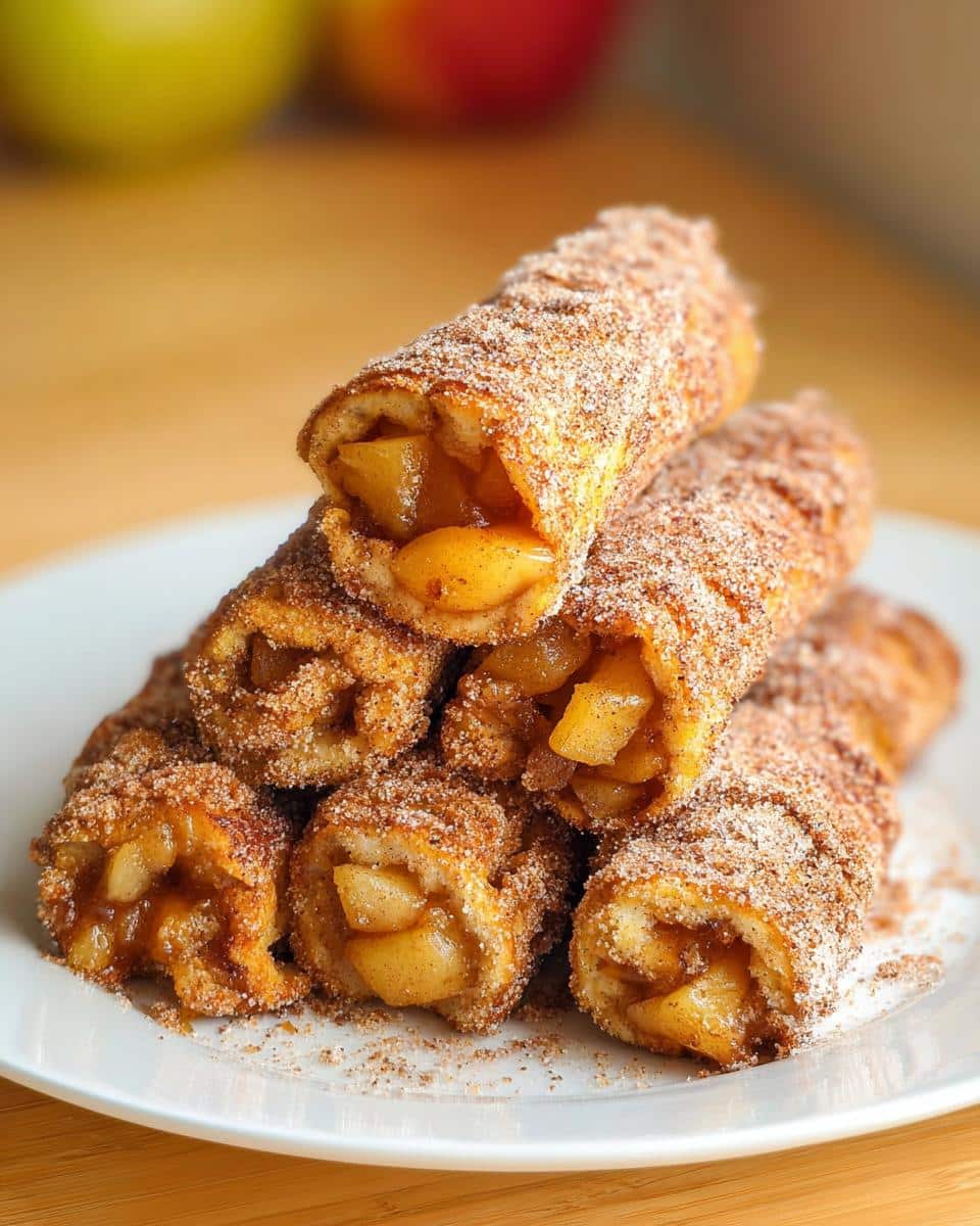A stack of Apple Pie French Toast Rollups coated in cinnamon sugar, showing the apple filling inside.