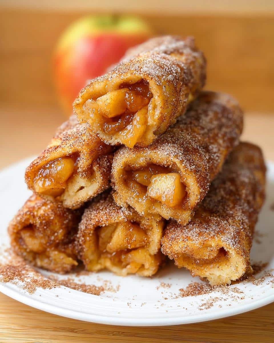 A stack of golden Apple Pie French Toast Rollups coated in cinnamon sugar, filled with spiced apple chunks.