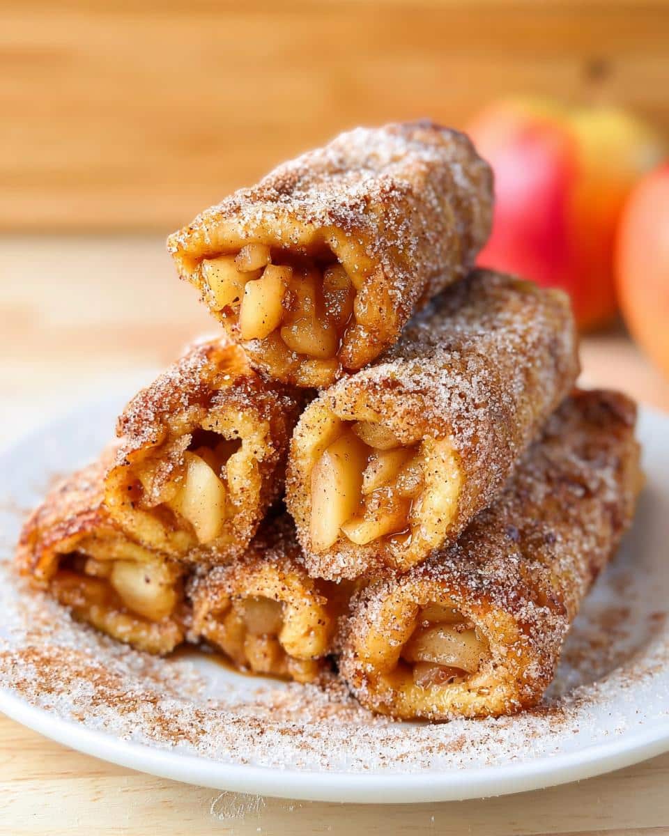 A stack of Apple Pie French Toast Rollups coated in cinnamon sugar, showing the warm apple filling inside.