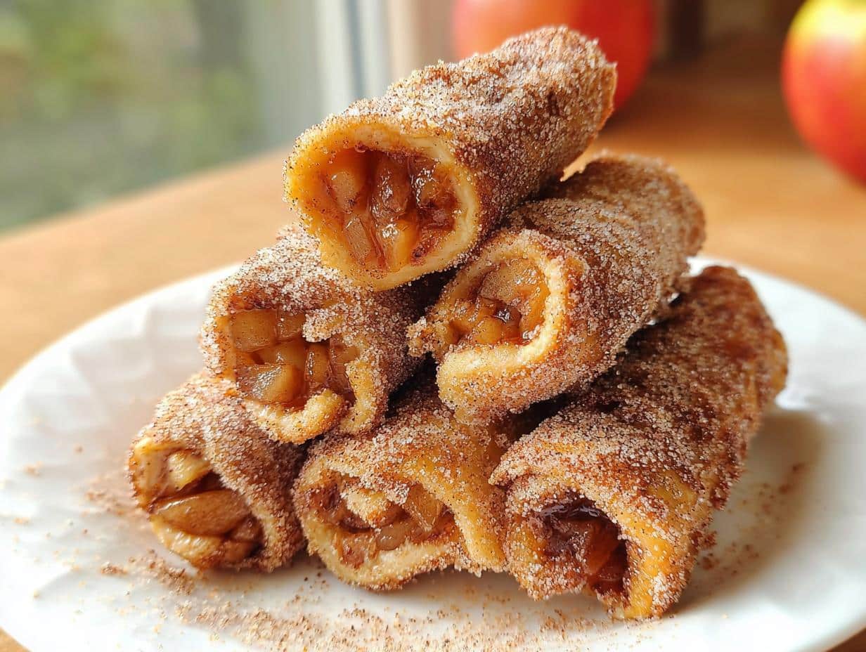 A stack of golden Apple Pie French Toast Rollups coated heavily in cinnamon sugar, showing the apple filling inside.