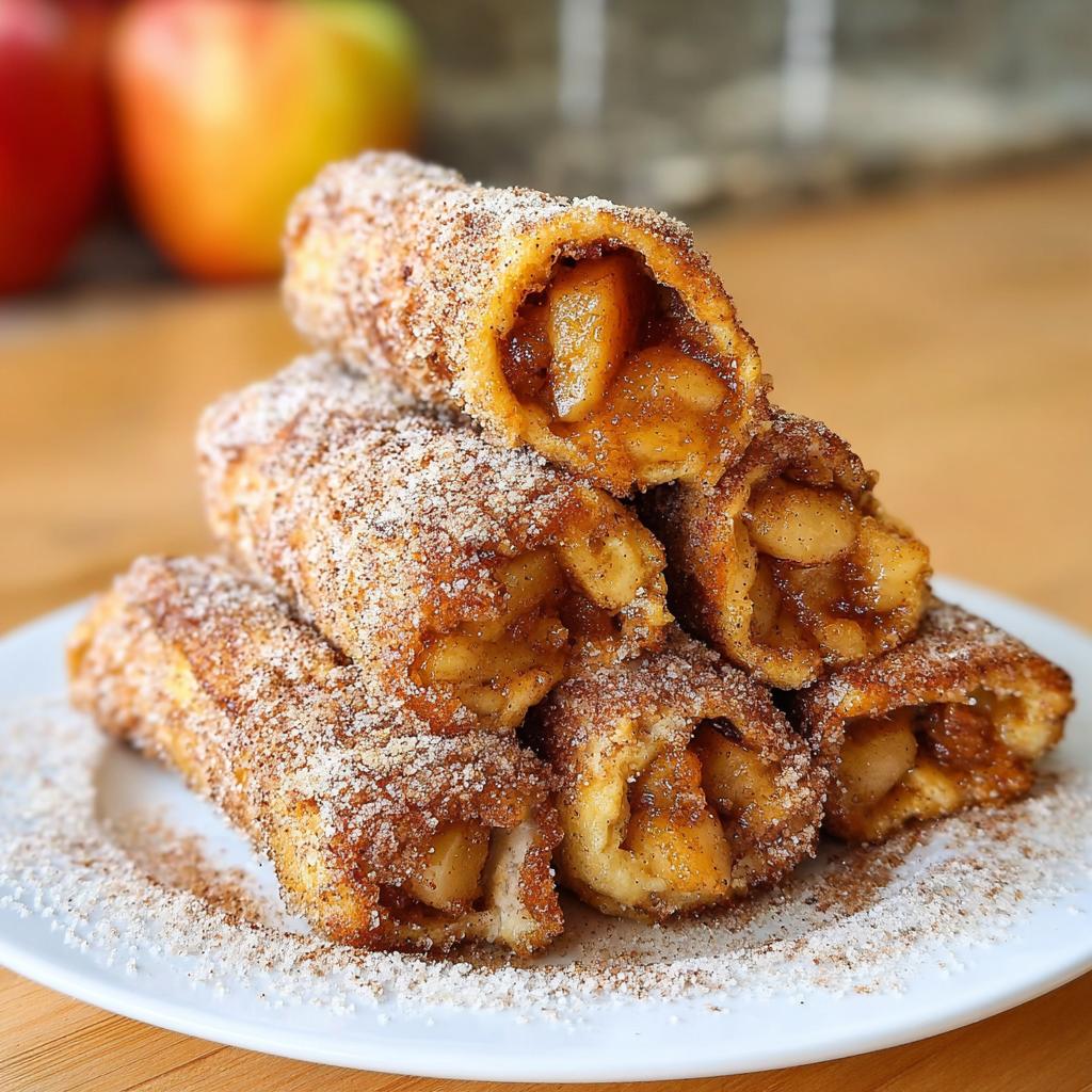 A stack of Apple Pie French Toast Rollups generously coated in cinnamon sugar, with filling visible.