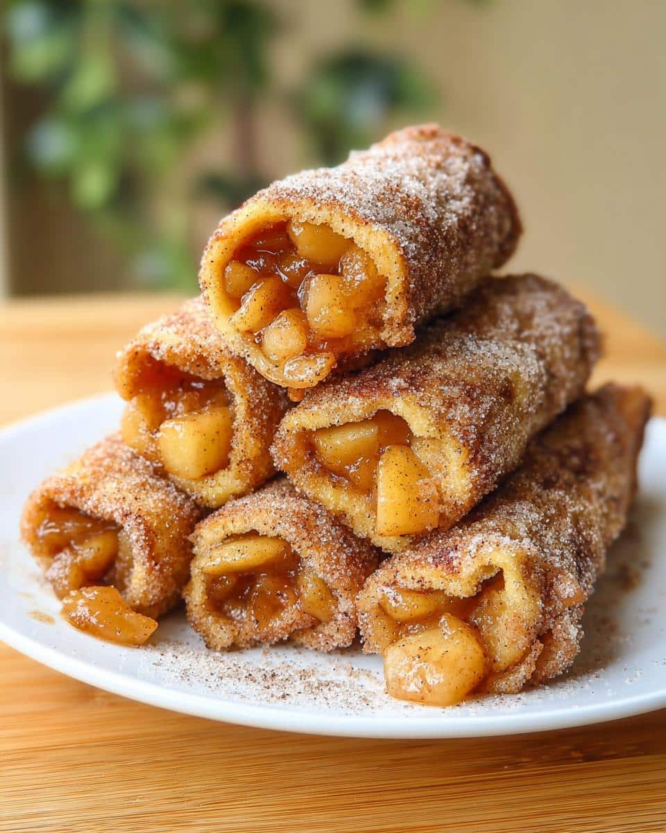 A stack of golden Apple Pie French Toast Rollups coated in cinnamon sugar, showing the spiced apple filling.