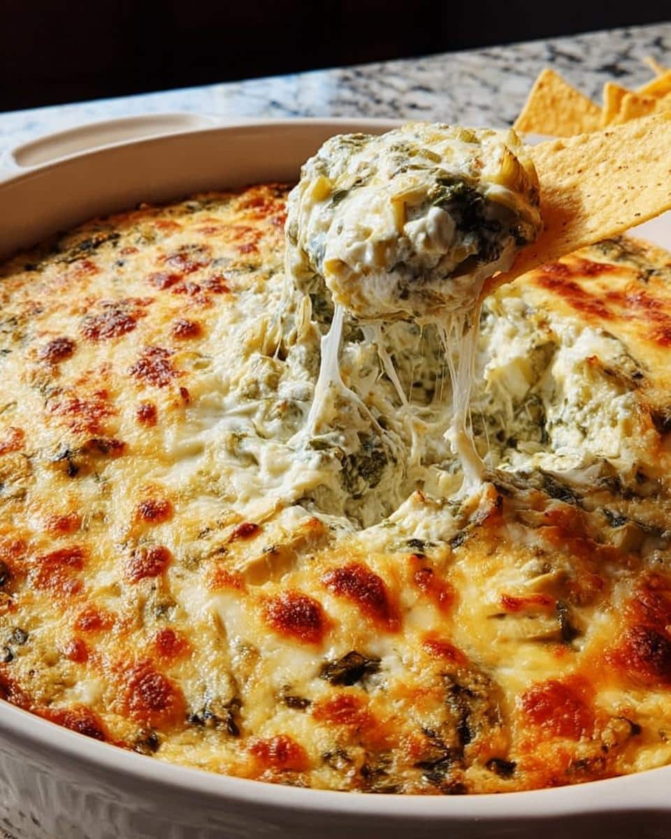 A tortilla chip scoops a cheesy, stringy portion of hot Baked Spinach Artichoke Dip from a baking dish.