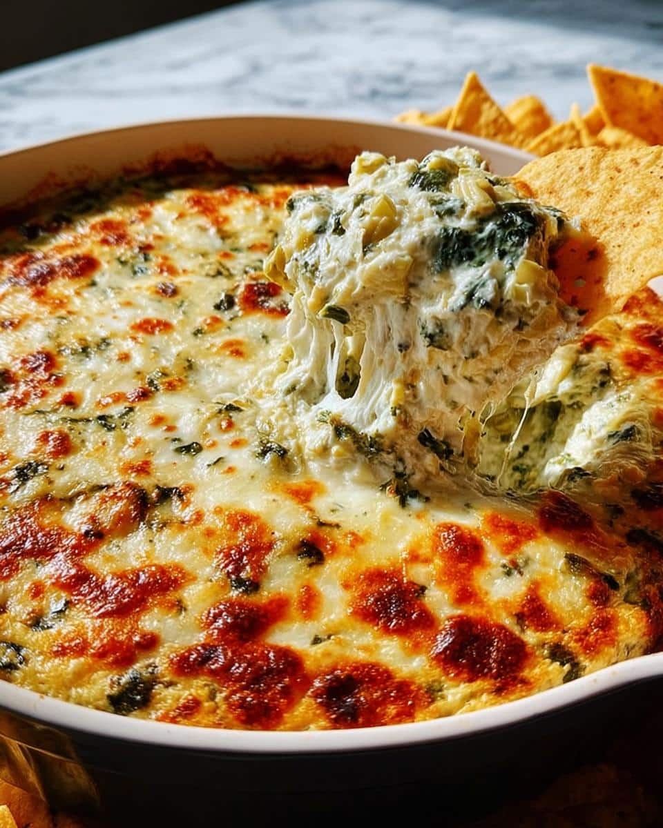 A scoop of hot, cheesy Baked Spinach Artichoke Dip is being pulled out, showing a dramatic cheese stretch.