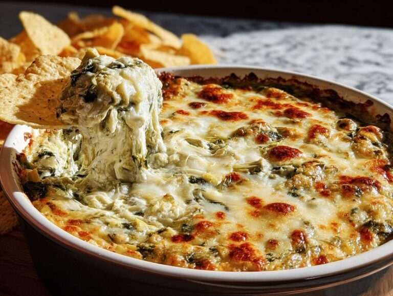 A tortilla chip pulls a cheesy, gooey portion of hot Baked Spinach Artichoke Dip from a baking dish.