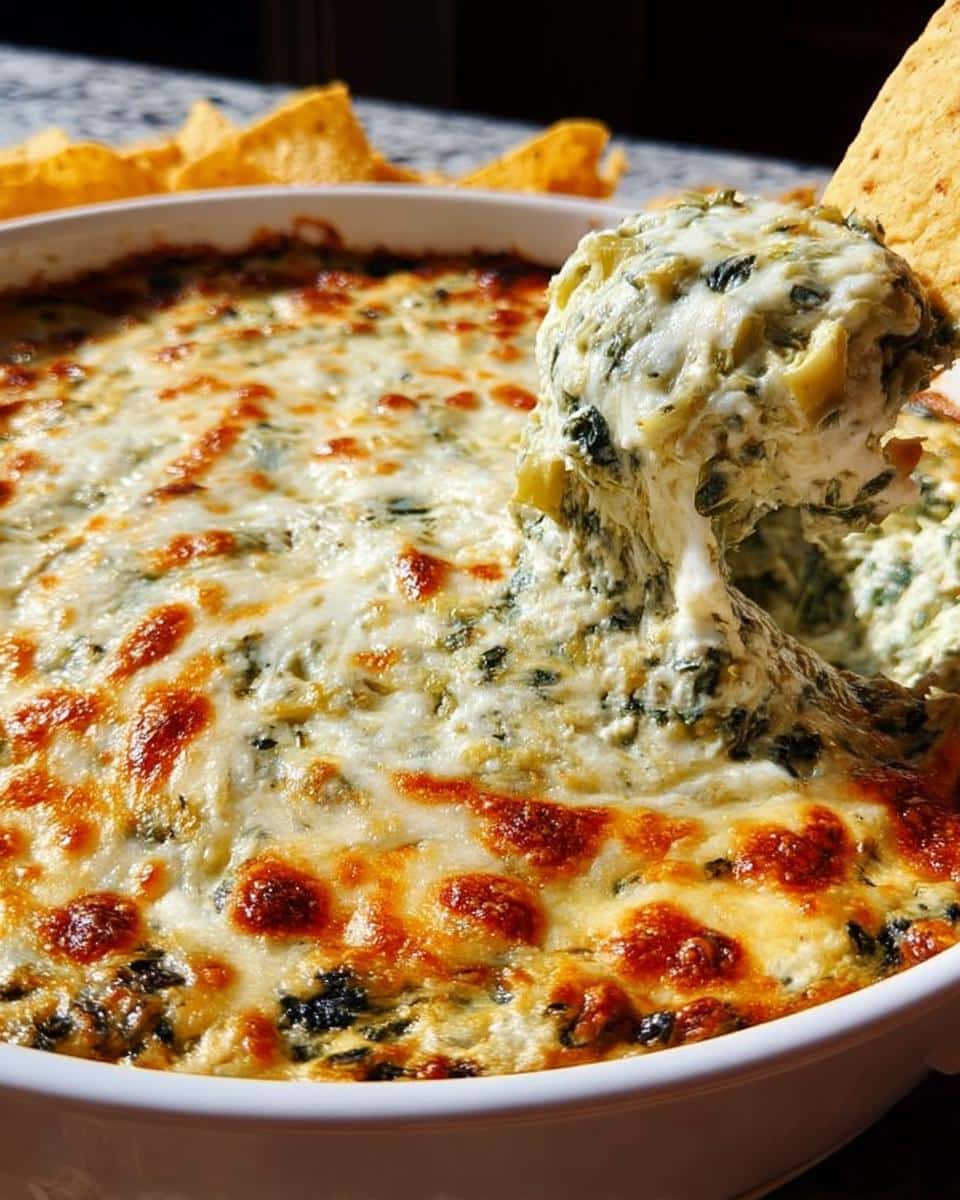 A tortilla chip scoops a cheesy, creamy portion of Baked Spinach Artichoke Dip with a browned, bubbly top.