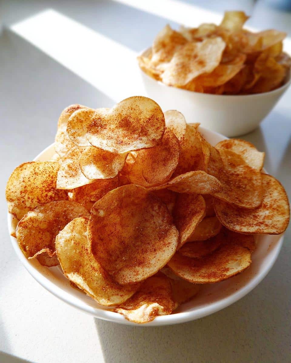 Close-up of crispy BBQ-Seasoned Homemade Potato Chips generously dusted with seasoning in a white bowl.