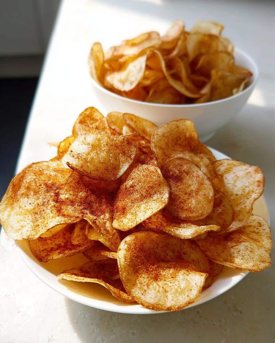 Close-up of crispy BBQ-Seasoned Homemade Potato Chips piled high on a white plate, with another bowl blurred in the background.