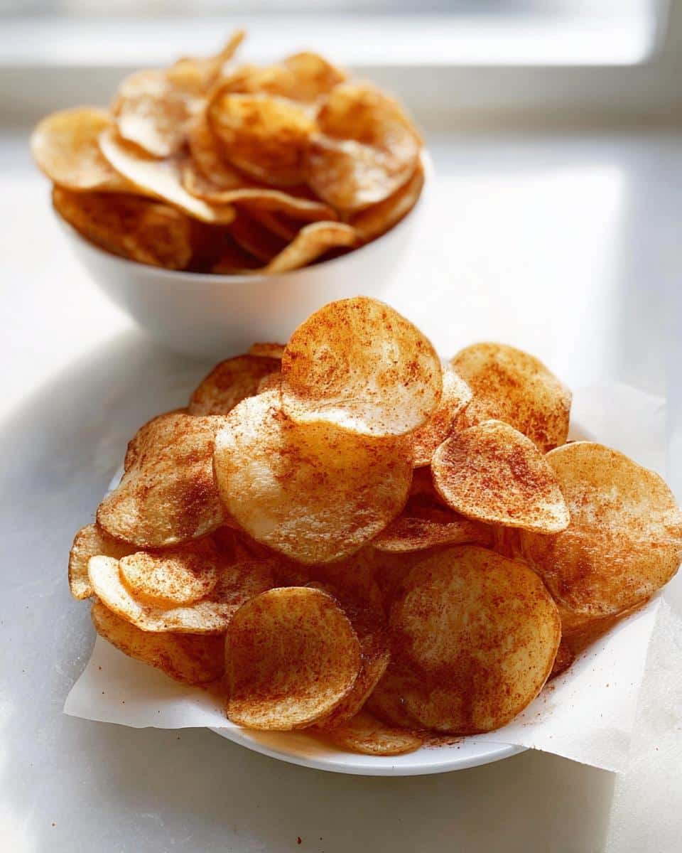 A close-up of crispy BBQ-Seasoned Homemade Potato Chips piled on a white plate, with more chips in a bowl behind.