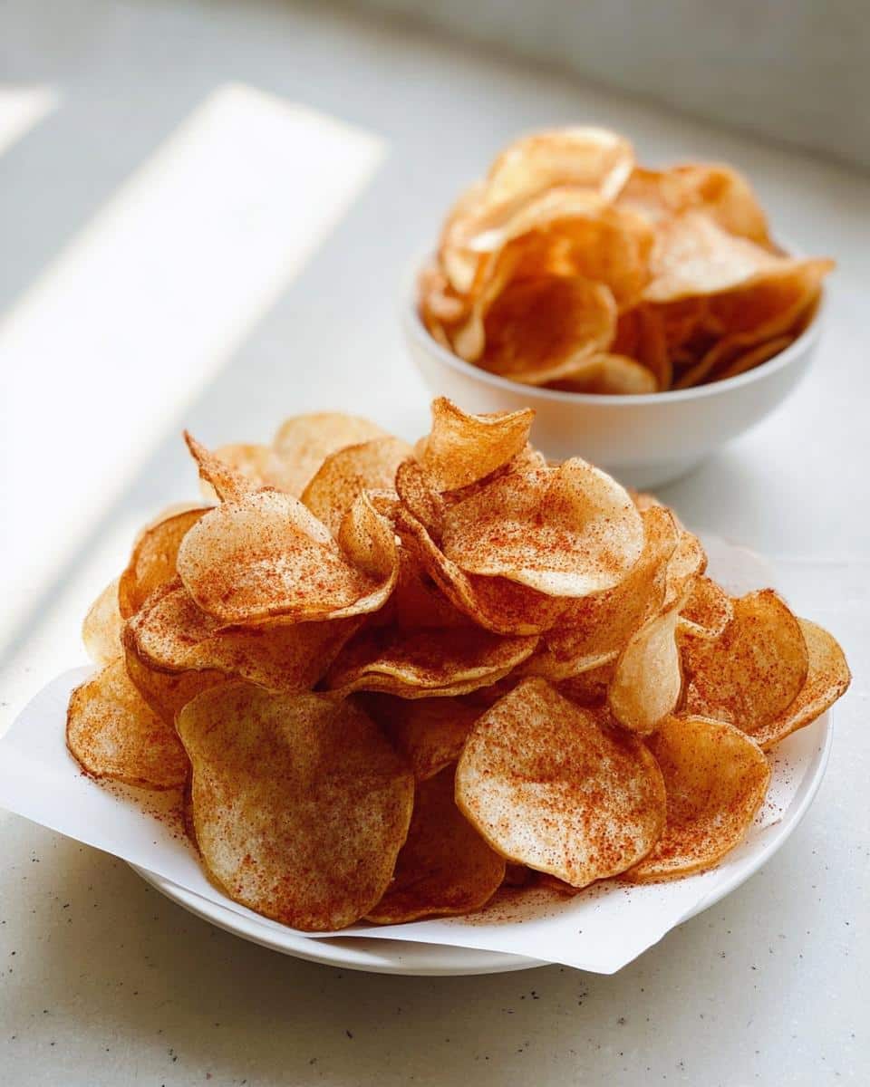 A large serving of crispy BBQ-Seasoned Homemade Potato Chips piled on a white plate, dusted with seasoning.