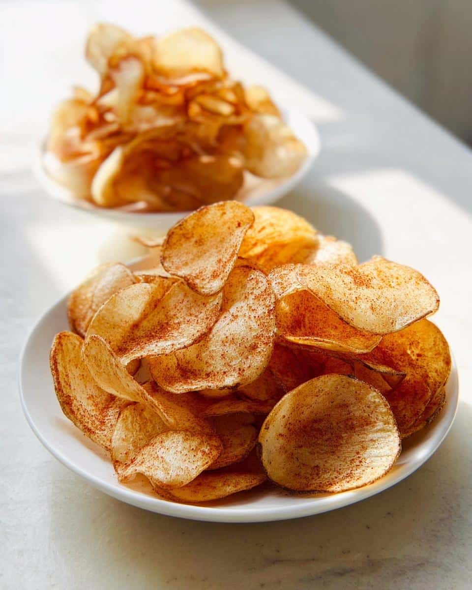 A white bowl filled with crispy, thinly sliced BBQ-Seasoned Homemade Potato Chips dusted with reddish-brown seasoning.
