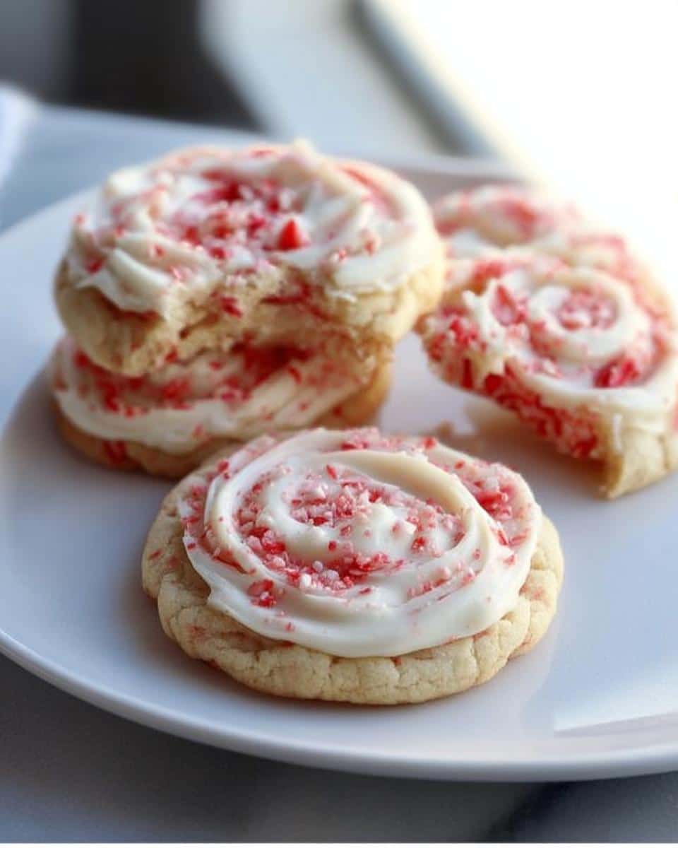 A plate of Candy Cane Sugar Cookies, topped with white frosting and crushed candy canes.