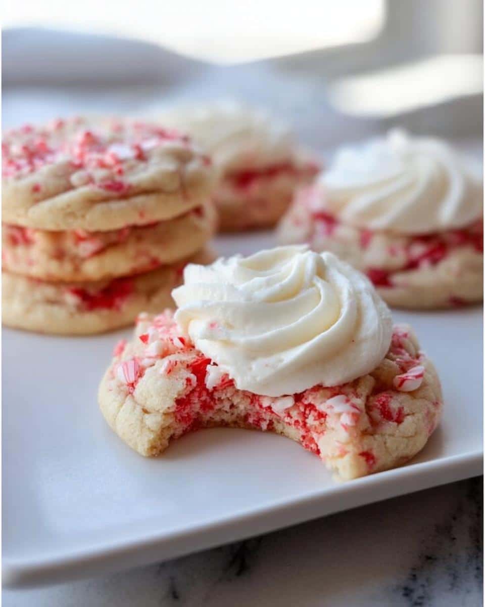 Close-up of Candy Cane Sugar Cookies, one with a bite taken and frosting on top, others stacked in the background.