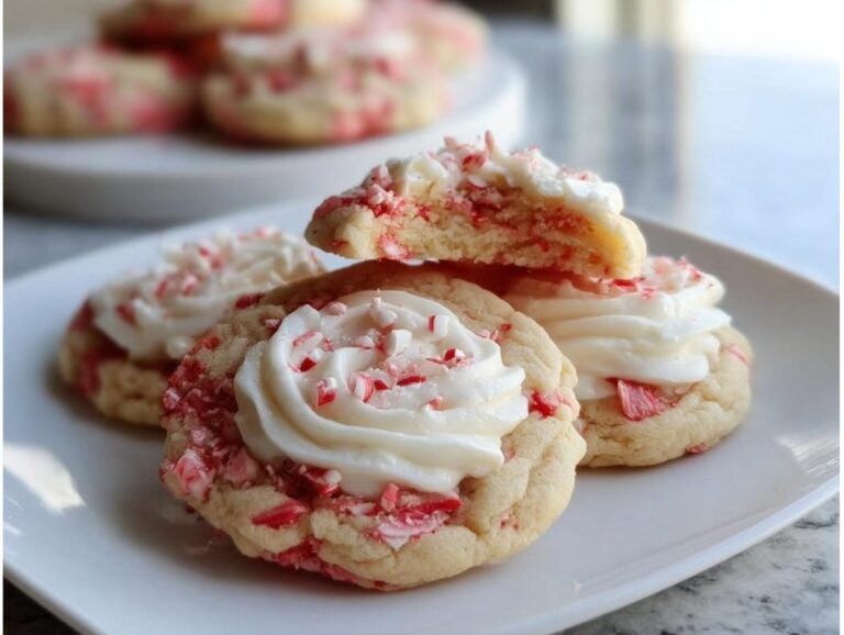 Festive Candy Cane Sugar Cookies on a white plate, topped with white frosting and crushed candy canes.