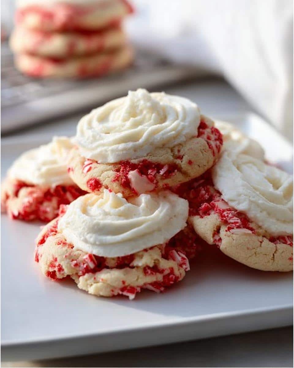 A stack of Candy Cane Sugar Cookies topped with white frosting on a white plate.