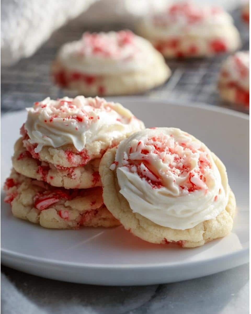 A stack of Candy Cane Sugar Cookies topped with white frosting and crushed candy canes on a white plate.