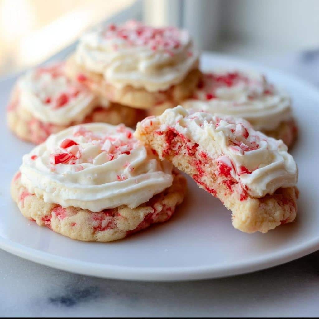 Festive Candy Cane Sugar Cookies topped with white frosting and crushed candy canes on a white plate.