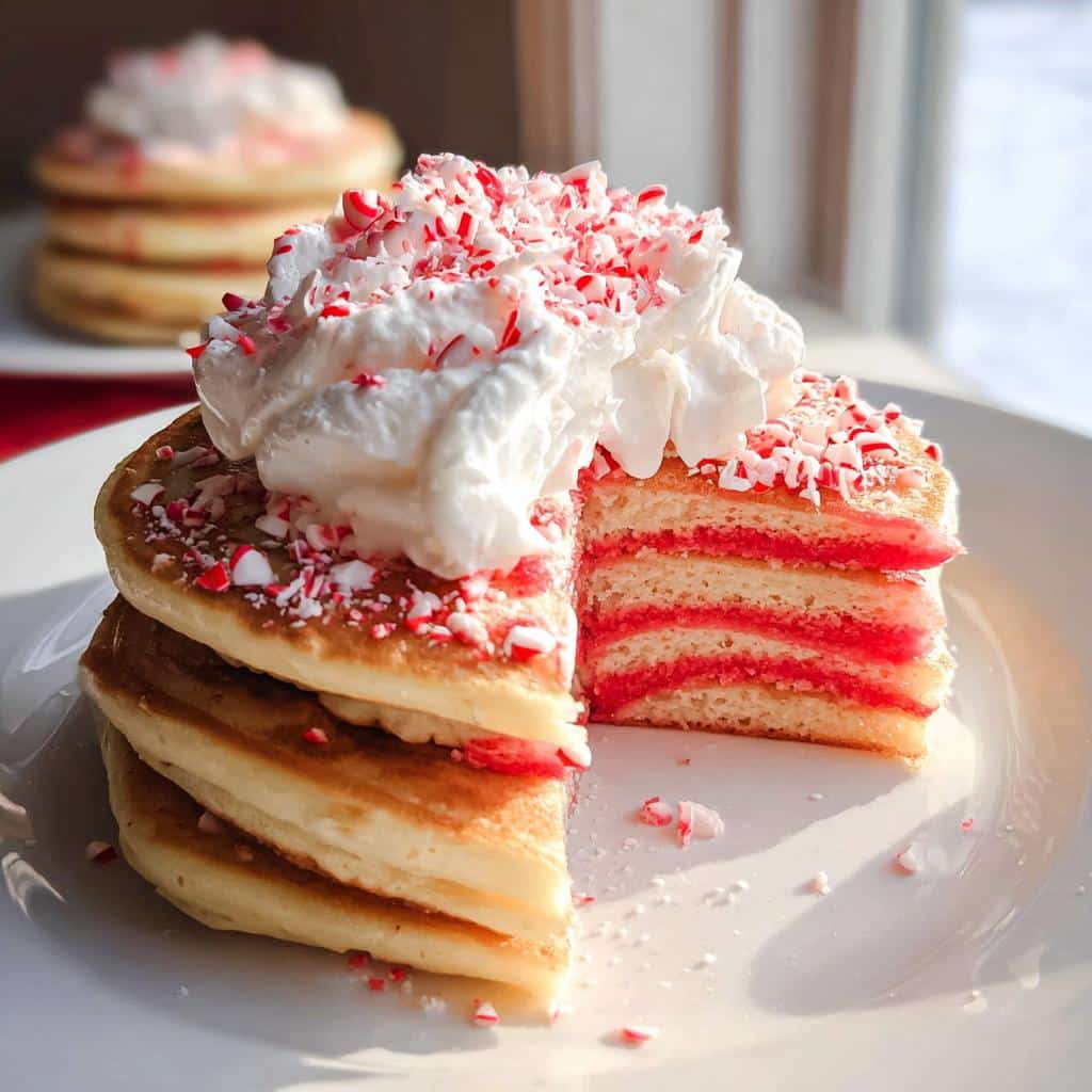 Stack of Candy Cane Swirl Pancakes topped with whipped cream and crushed candy canes.