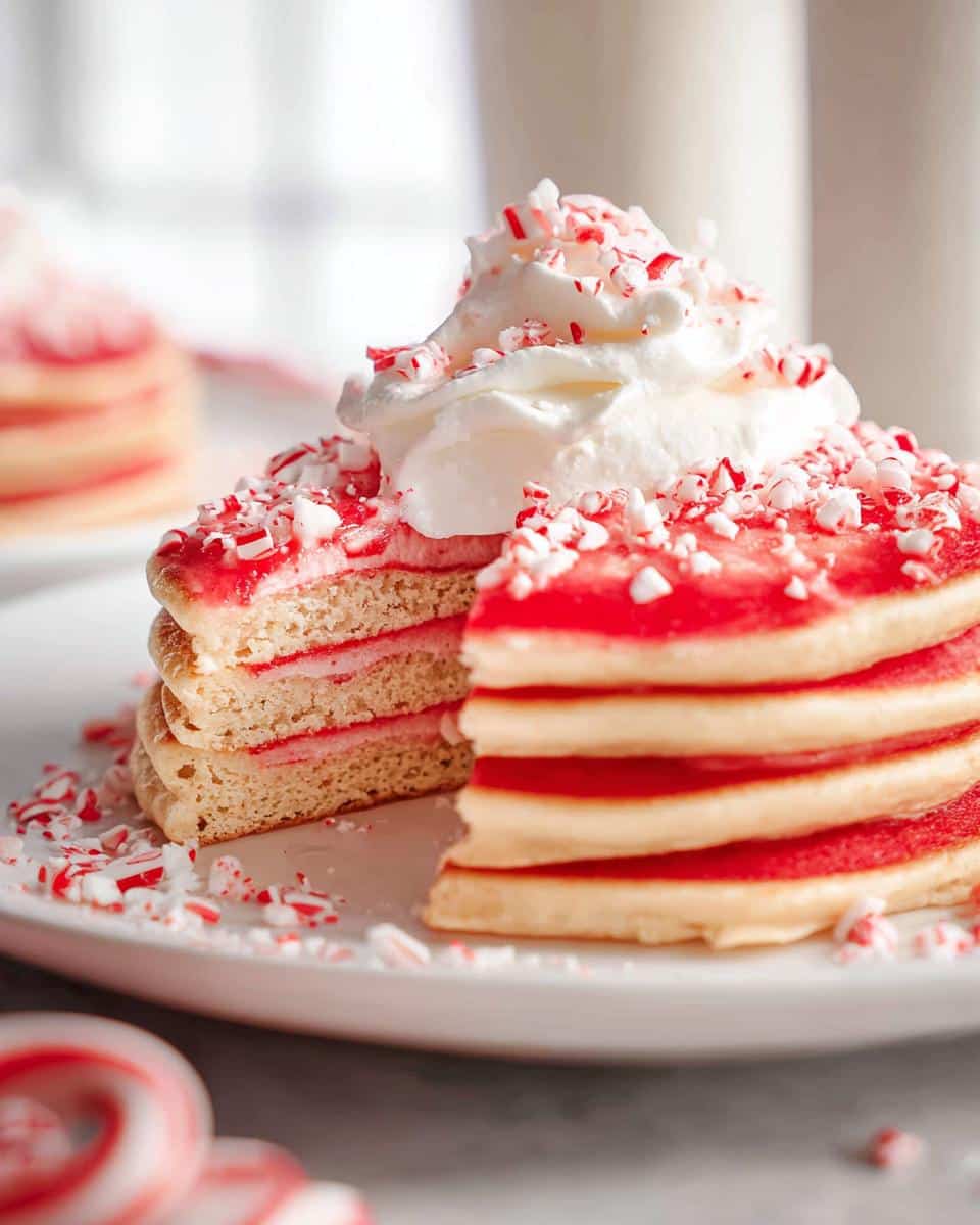 A stack of Candy Cane Swirl Pancakes topped with whipped cream and crushed candy canes on a white plate.