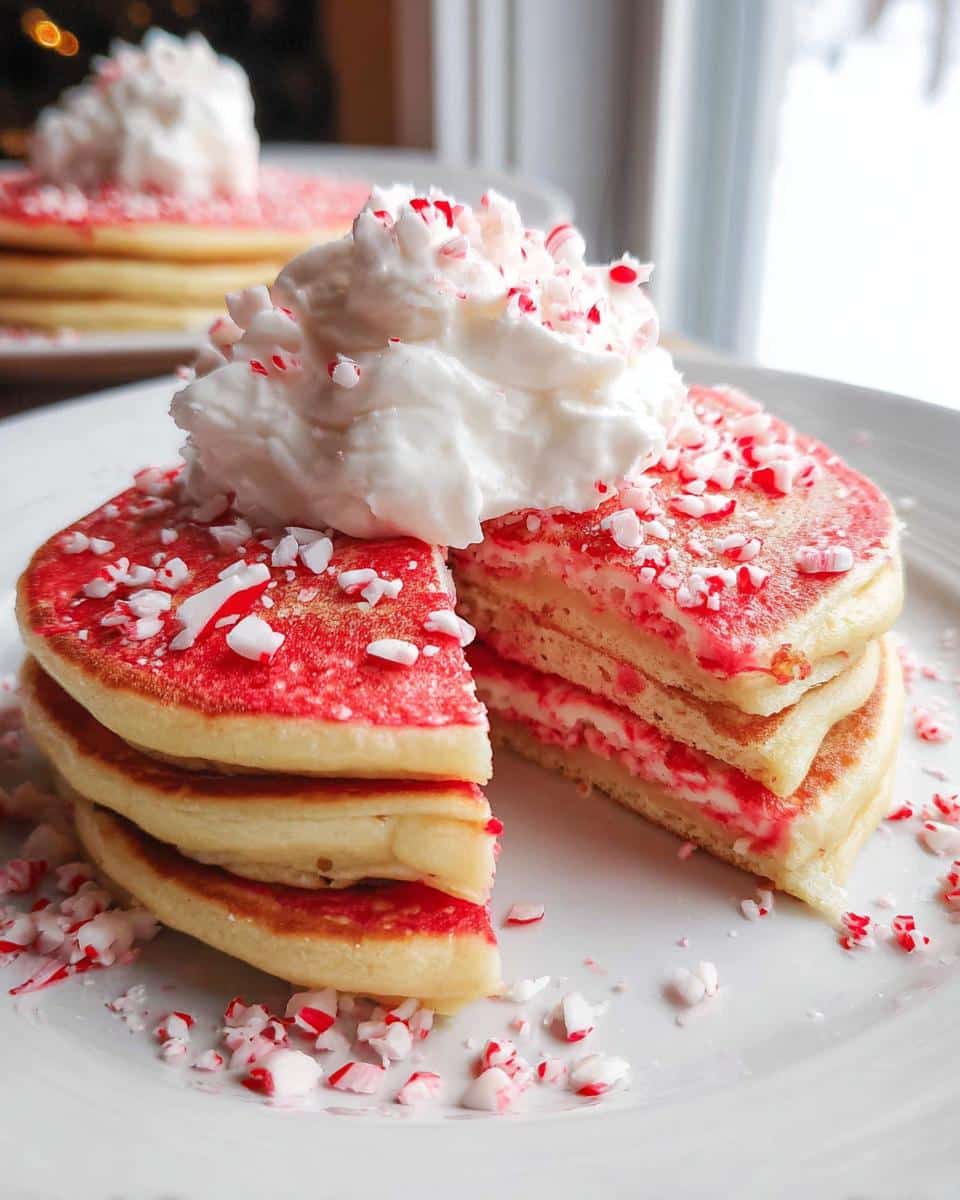 A stack of Candy Cane Swirl Pancakes topped with whipped cream and crushed candy canes on a white plate.