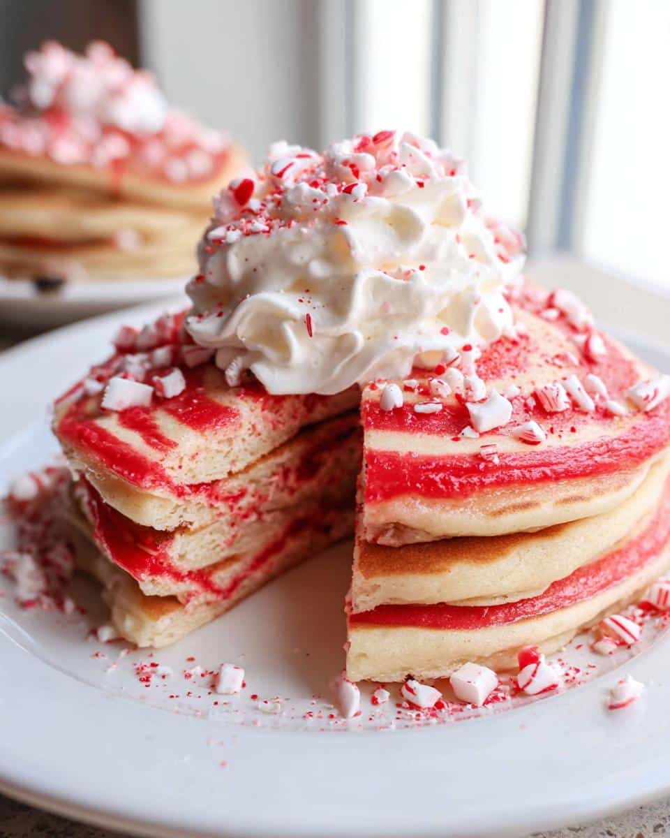 Stack of Candy Cane Swirl Pancakes topped with whipped cream and crushed candy canes on a white plate.