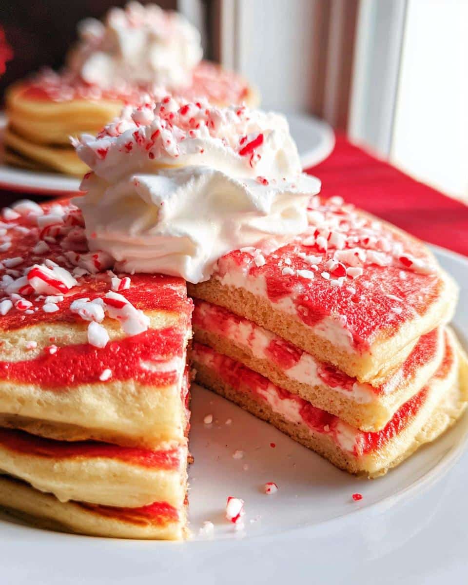A stack of Candy Cane Swirl Pancakes topped with whipped cream and crushed candy canes.