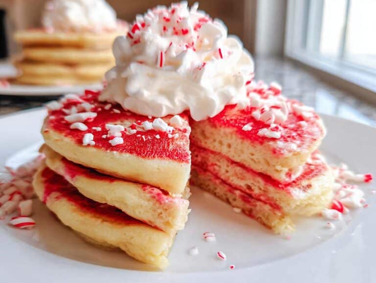 A stack of Candy Cane Swirl Pancakes topped with whipped cream and crushed candy canes on a white plate.