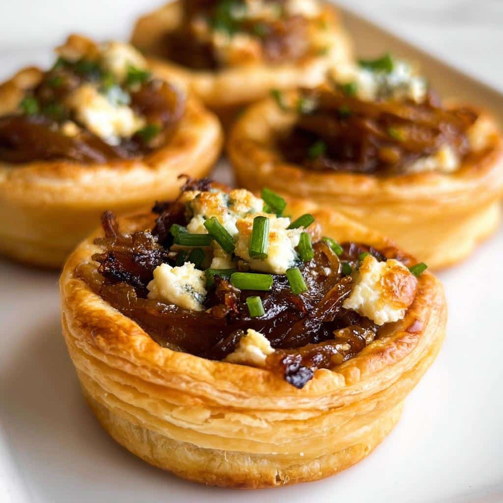Close-up of savory Caramelized Onion Tartlets topped with crumbled blue cheese and fresh chives.