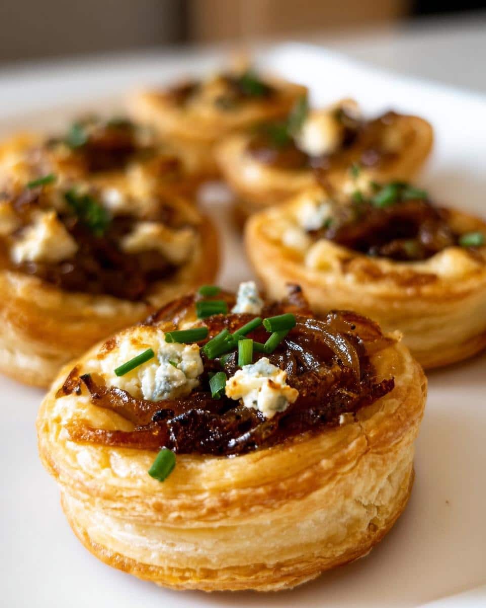 Close-up of flaky puff pastry Caramelized Onion Tartlets topped with dark caramelized onions, blue cheese crumbles, and fresh chives.