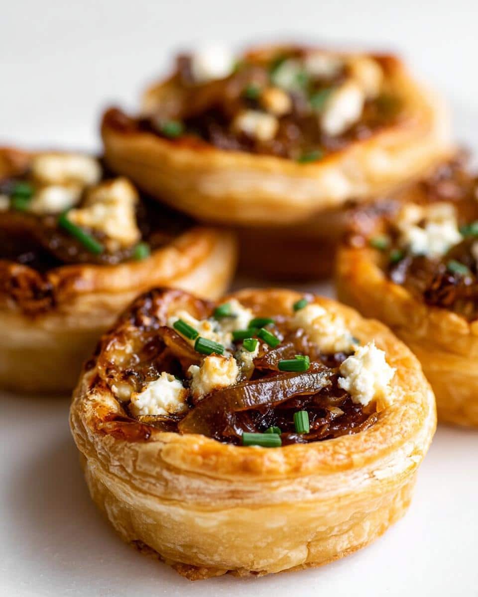Close-up of flaky puff pastry Caramelized Onion Tartlets topped with dark caramelized onions, crumbled feta cheese, and fresh chives.