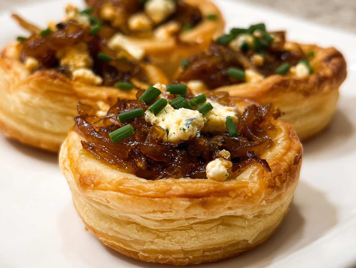 Close-up of three flaky puff pastry Caramelized Onion Tartlets topped with rich onions, blue cheese crumbles, and chives.