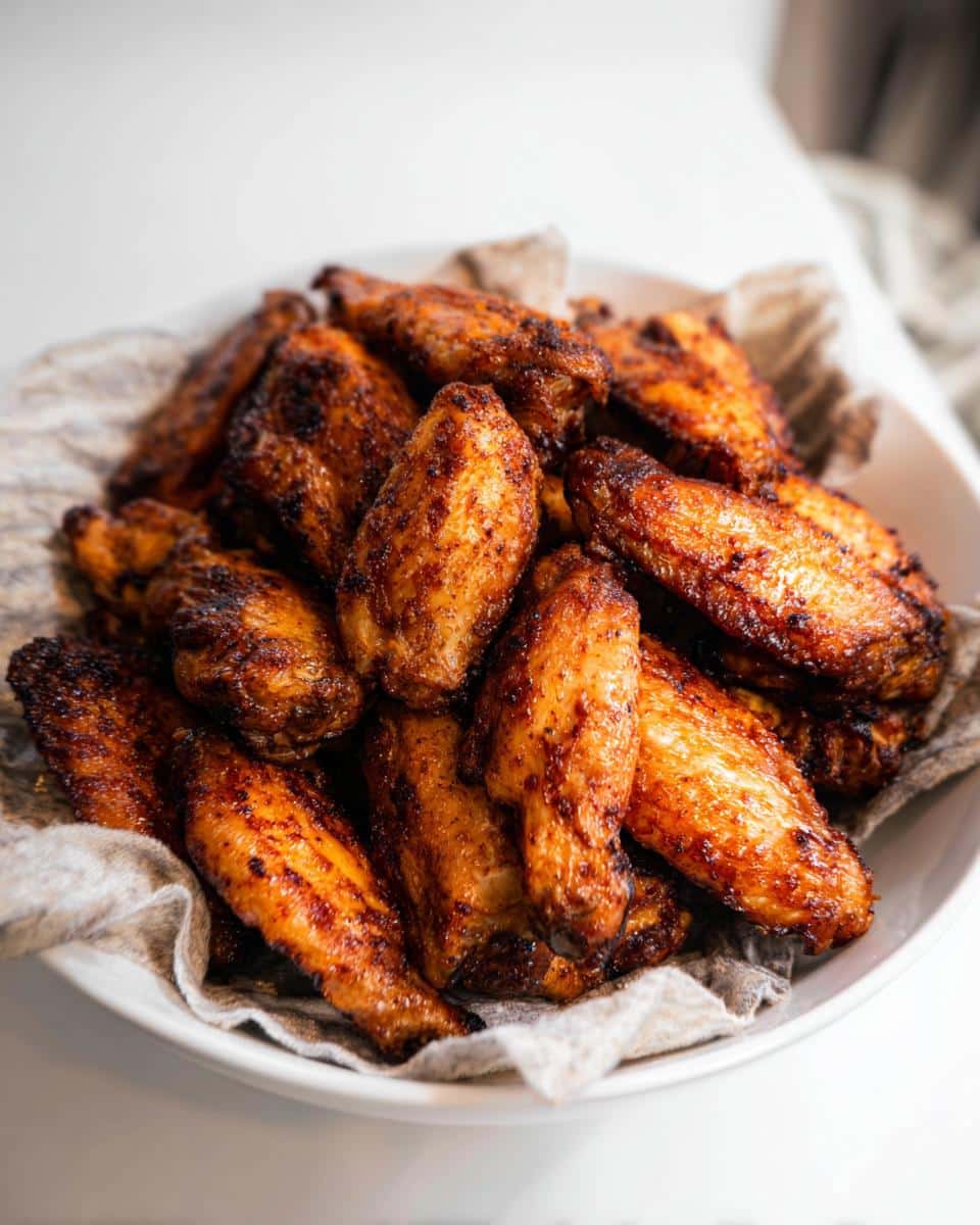 A white bowl filled with crispy, golden-brown Carnivore Chicken Wings, resting on a linen napkin.