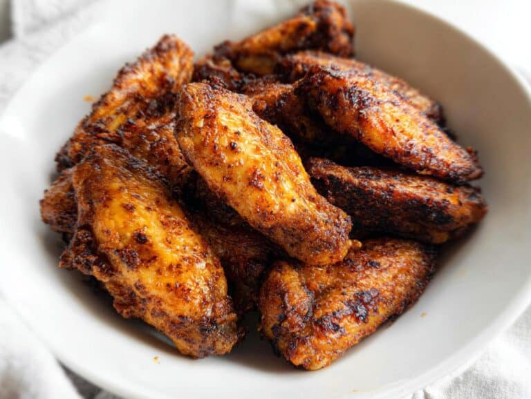 A close-up of a pile of crispy, golden-brown Carnivore Chicken Wings served in a simple white bowl.