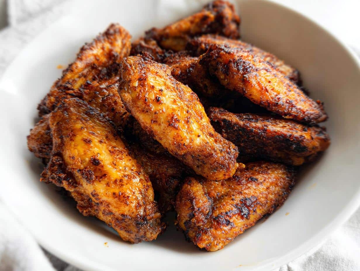 A close-up of a pile of crispy, golden-brown Carnivore Chicken Wings served in a simple white bowl.